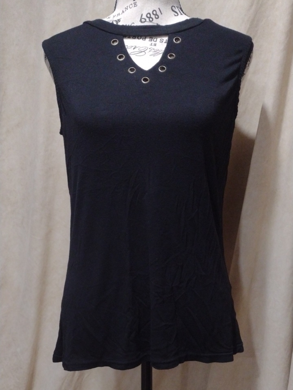 Carol Rose Black Sleeveless V-Neck Tank with Grommet Detail